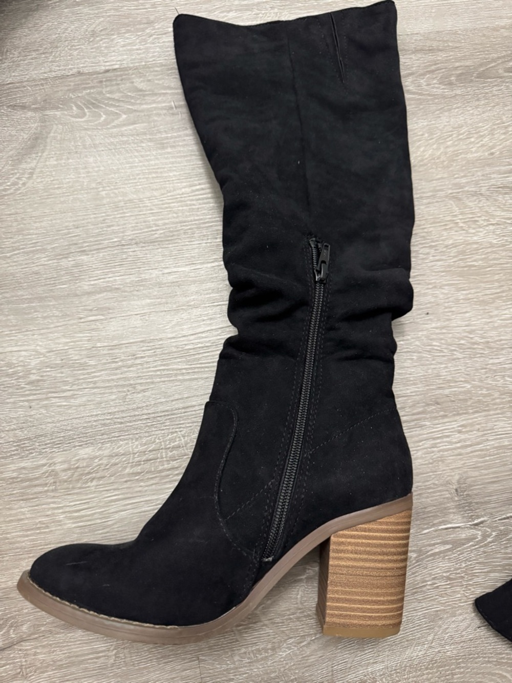 Tall Black Suede-Look Stacked Heel Boots with Side Zip - Picture 2 of 6